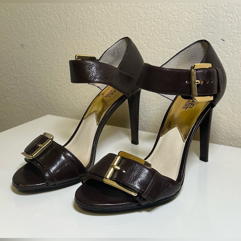 Michael Kors Faith Stiletto Heels Size 9 Brown Ankle Strap Pebbled Leather